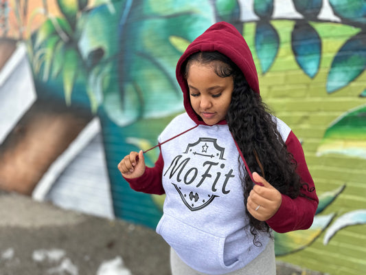 Gray hoodie w/ maroon sleeves and black curvy logo