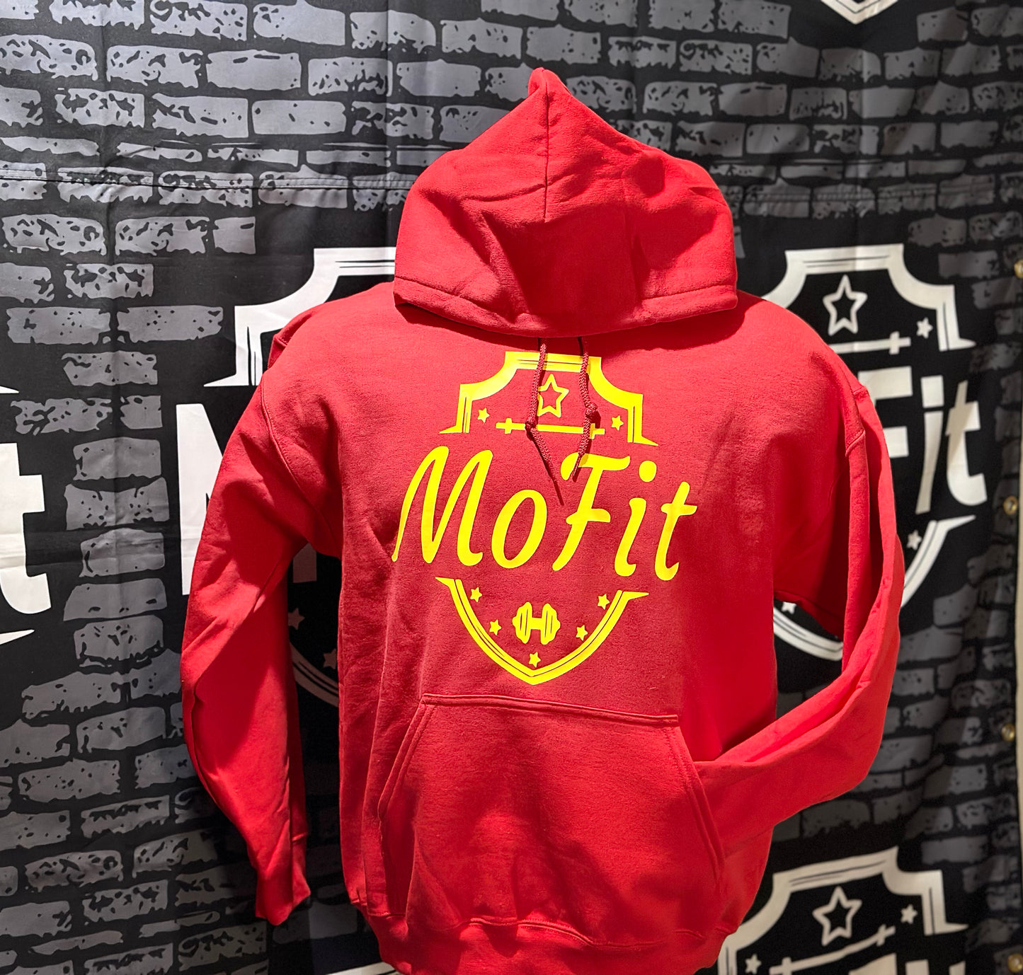 Red Hoodie/Yellow Curvy Logo